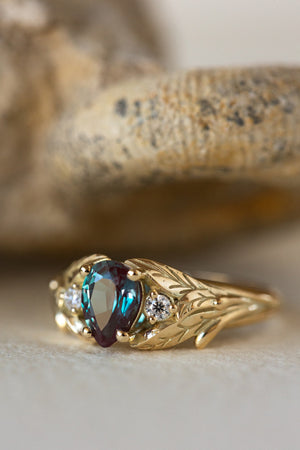 Colour changing alexandrite engagement ring with accent diamonds, gold leaf proposal ring / Wisteria - Eden Garden Jewelry™