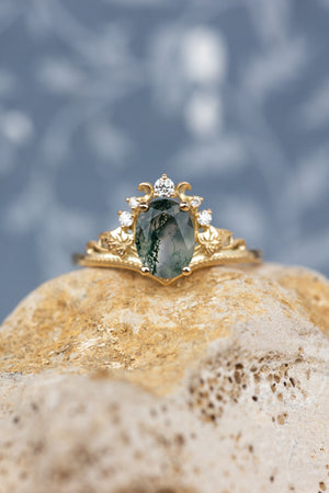 Dendritic moss agate engagement ring, gold ivy leaves proposal ring with accents diamonds / Ariadne - Eden Garden Jewelry™
