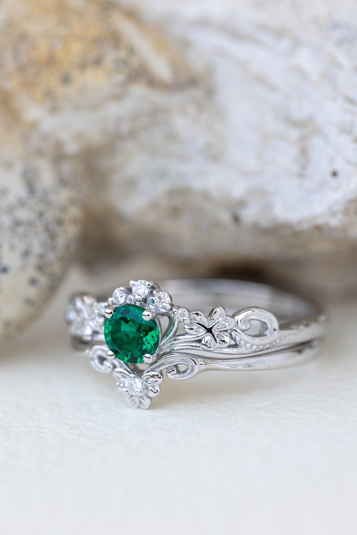 Lab emerald engagement ring set, white gold clover leaves bridal ring set / Horta - Eden Garden Jewelry™