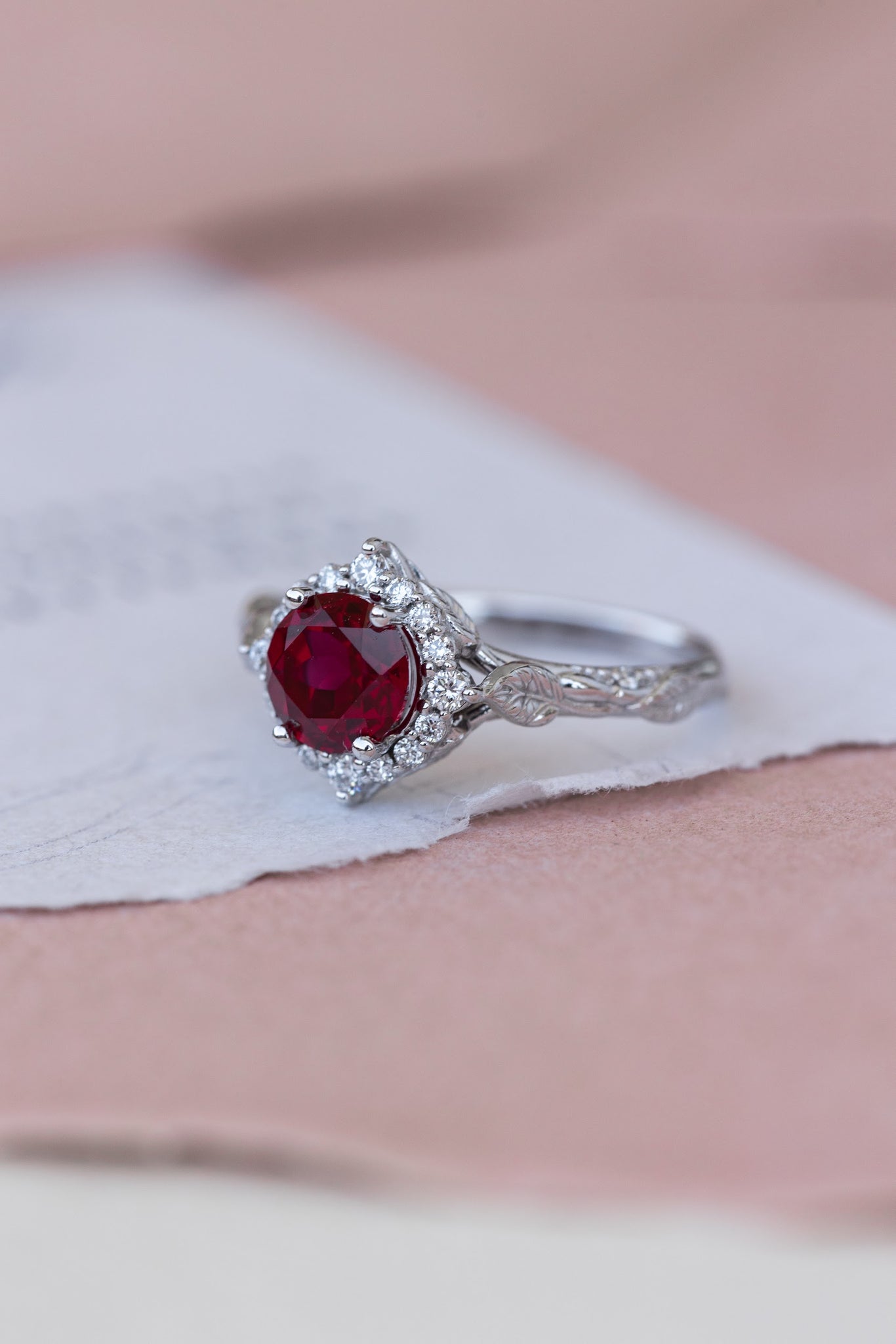 Halo engagement ring with 1.5 carat lab ruby, white gold leaf engagement ring  / Florentina - Eden Garden Jewelry™