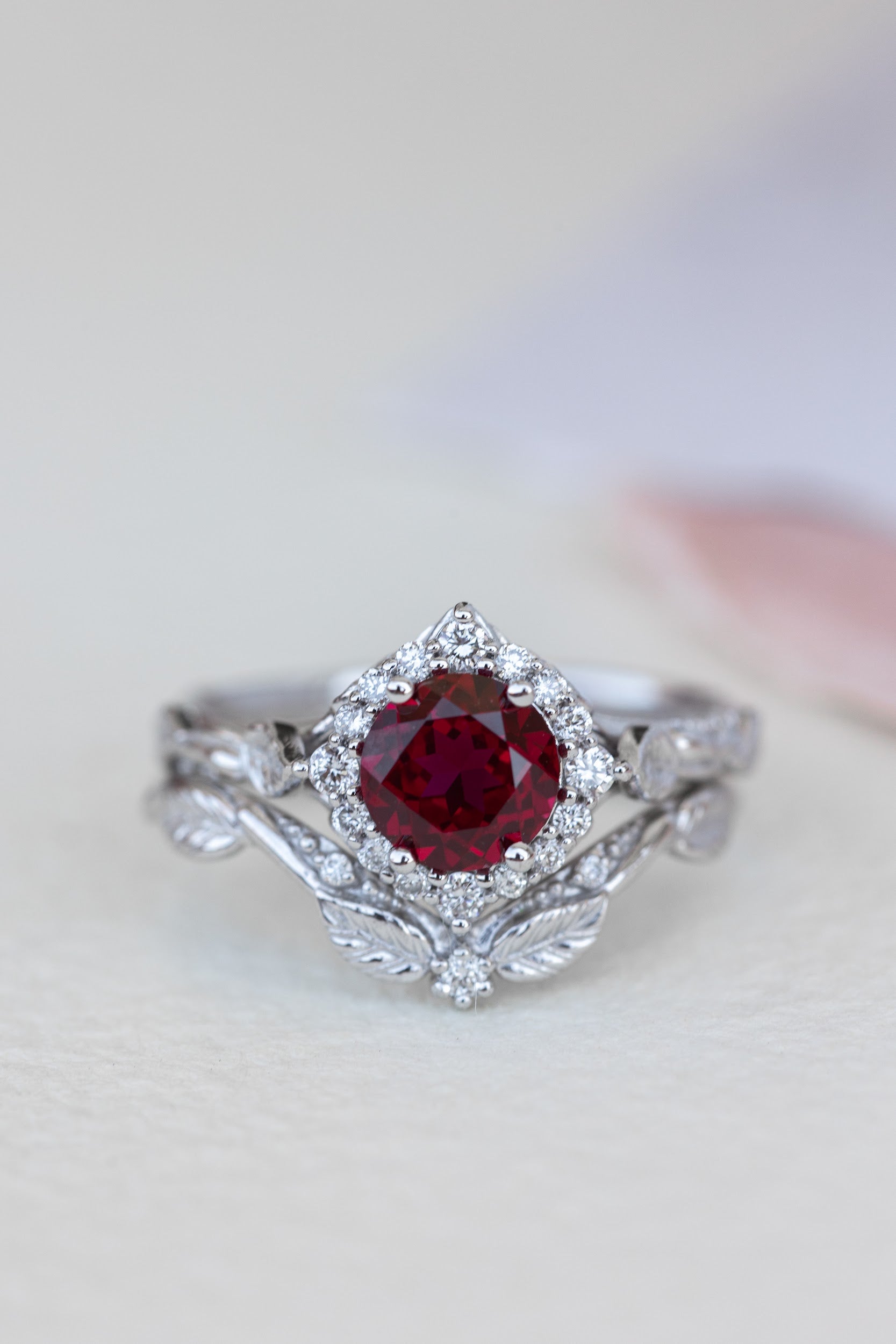 ct Ruby Engagement Ring Nature Inspired Diamond Halo Gold