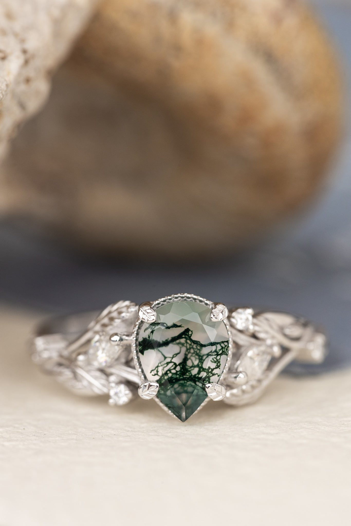 READY TO SHIP: Patricia ring in 14K or 18K white gold, natural moss agate pear cut 8x6 mm, accent moissanites, AVAILABLE RING SIZES: 6-8US - Eden Garden Jewelry™