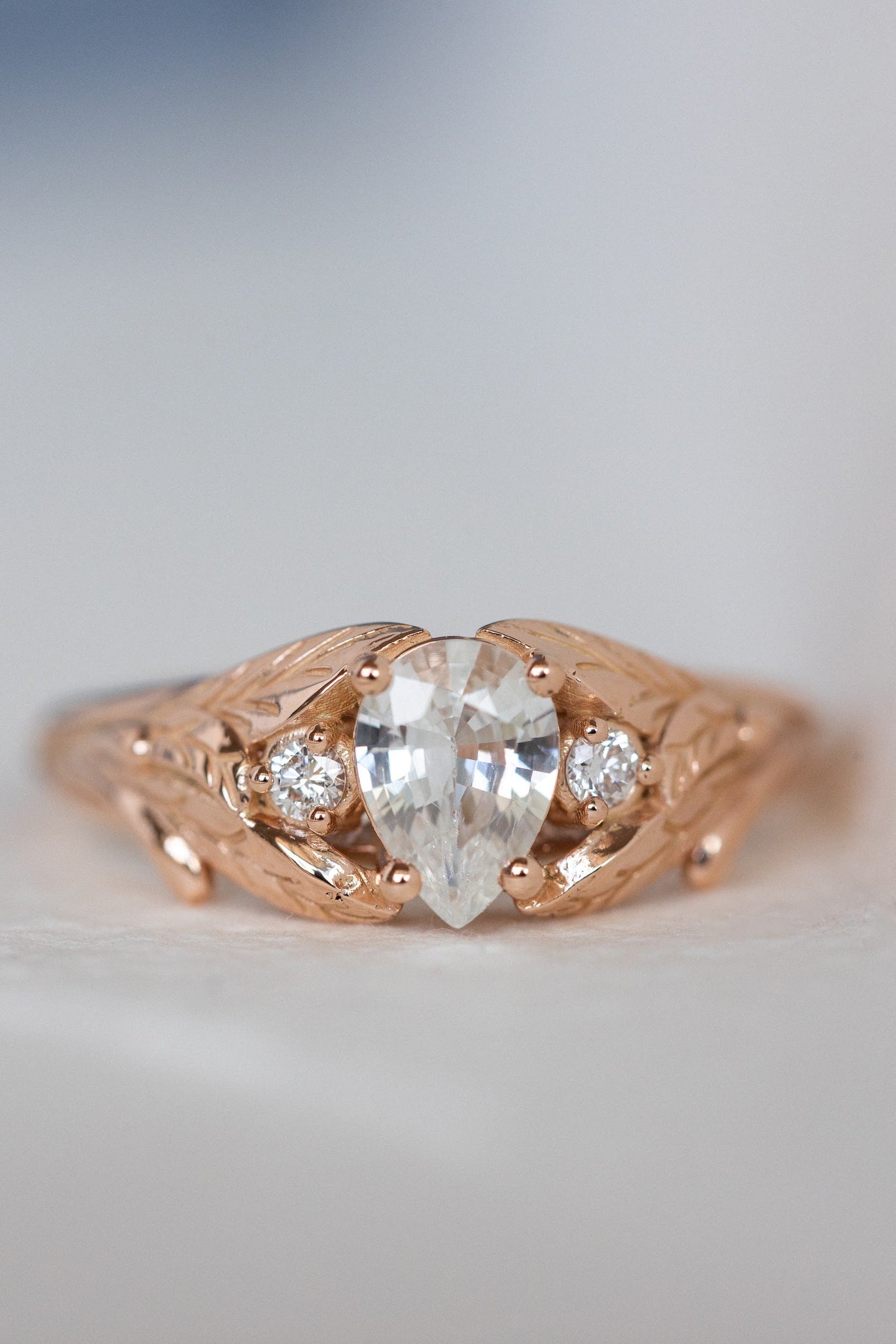 White sapphire engagement ring, rose gold engagement ring with accent diamonds / Wisteria - Eden Garden Jewelry™