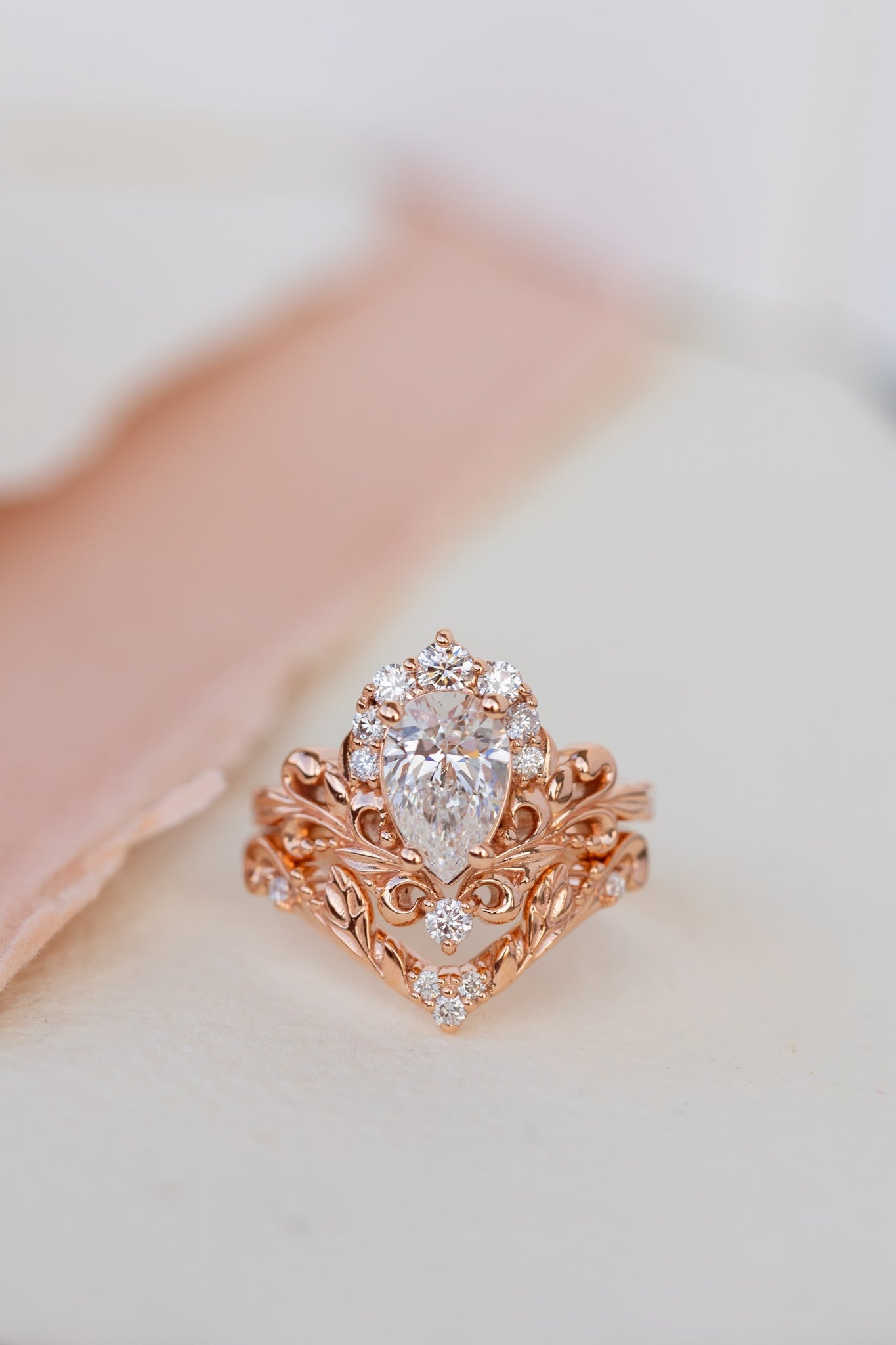 Lab grown diamond engagement ring set, nature inspired rose gold bridal ring set with diamond halo / Sophie - Eden Garden Jewelry™