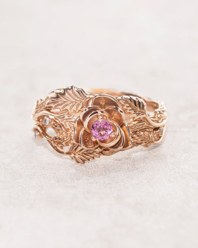 READY TO SHIP: Blooming Rose bridal ring set in 14K rose gold with natural tourmaline and accent lab grown diamonds, RING SIZE 5 - 8 US - Eden Garden Jewelry™