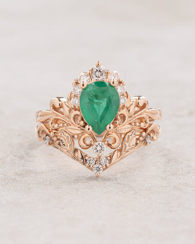 Emerald and diamonds bridal ring set, baroque inspired gold engagement ring set / Sophie - Eden Garden Jewelry™