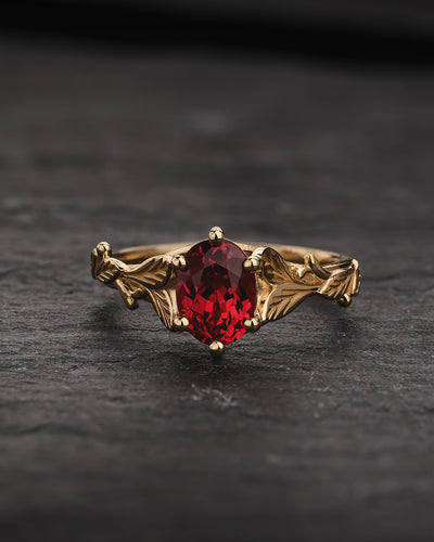 Engagement Ring with Oval Padparadscha Sapphire (Lab-Grown) in Leafy Style / Freesia - Eden Garden Jewelry™