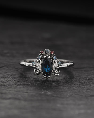 Floral Engagement Ring with Marquise Blue Topaz, Accent Tourmalines and Aquamarines / Iris - Eden Garden Jewelry™