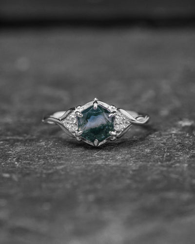 Moss agate engagement ring, gold leaves proposal ring with diamonds / Roma - Eden Garden Jewelry™