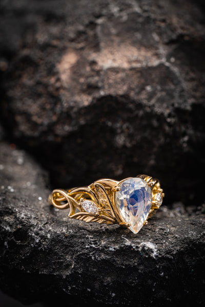 READY TO SHIP: Ikar ring in 14K yellow gold, moonstone pear cut 10x7 mm, accent lab grown diamonds, AVAILABLE RING SIZES: 5.5 - 8.5 US - Eden Garden Jewelry™
