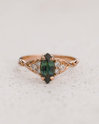 READY TO SHIP Gloria ring with marquise-cut natural teal sapphire, 14K rose gold, AVAILABLE RING SIZES: 5.5 - 8.5 US (Copy)