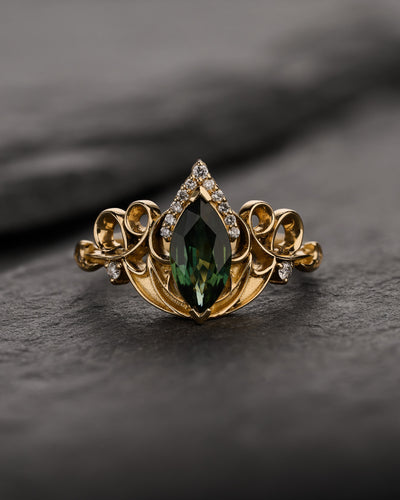 Dragon-Themed Engagement Ring With Green Marquise Sapphire / Draco - Eden Garden Jewelry™