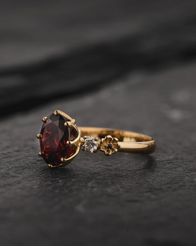 READY TO SHIP Fiorella Floral Engagement Ring with Oval Red Garnet, Accent Diamonds and Garnets, 14K yellow gold, RING SIZES 5.5 - 8.5 US - Eden Garden Jewelry™