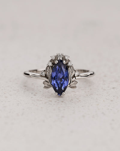 Engagement Ring with Marquise Blue Sapphire (Lab-Grown) in Flower style / Iris - Eden Garden Jewelry™