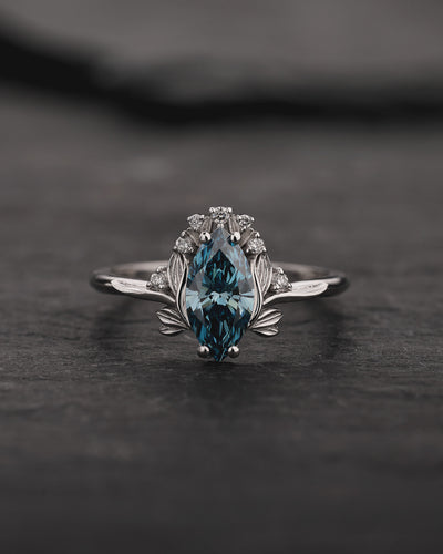 Engagement Ring with Marquise Fancy Blue Diamond (Lab-Grown) in Flower Style / Iris - Eden Garden Jewelry™