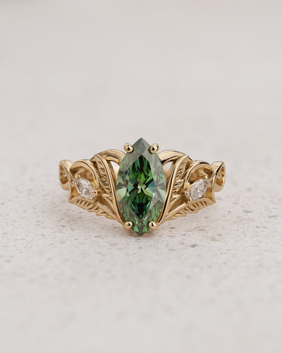Engagement Ring with Marquise Fancy Vivid Green Diamond (Lab-Grown) in Nature Style / Ikar - Eden Garden Jewelry™