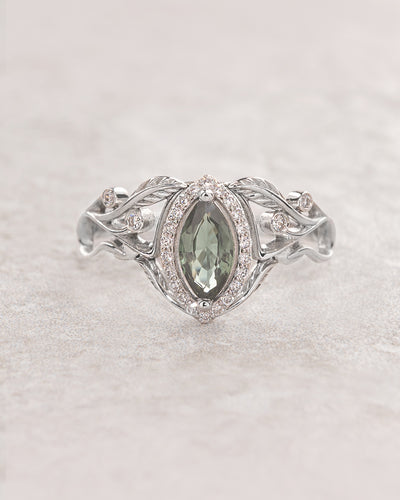 Marquise cut green sapphire engagement ring with diamond halo / Callisto - Eden Garden Jewelry™