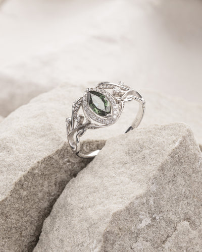 Marquise cut green sapphire engagement ring with diamond halo / Callisto - Eden Garden Jewelry™