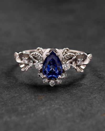 READY TO SHIP: Adelina engagement ring with lab sapphire and diamonds, 14K white gold, RING SIZES: 5.5 - 8.5 US - Eden Garden Jewelry™