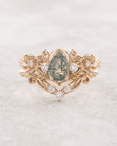 READY TO SHIP: Adelina floral engagement ring with moss agate and diamonds, 14K yellow gold, RING SIZES: 5.5 - 8.5 US - Eden Garden Jewelry™