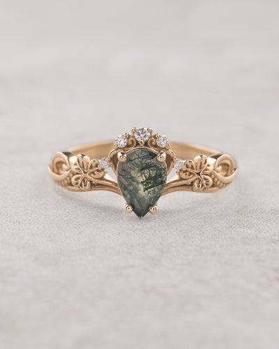 Celtic engagement ring with pear cut moss agate and diamonds / Horta - Eden Garden Jewelry™