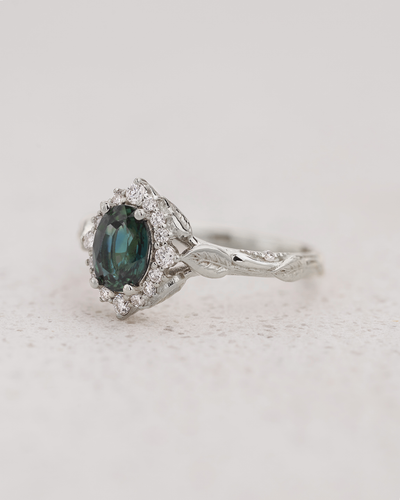 Genuine teal sapphire engagement ring, white gold engagement ring with diamond halo / Florentina - Eden Garden Jewelry™