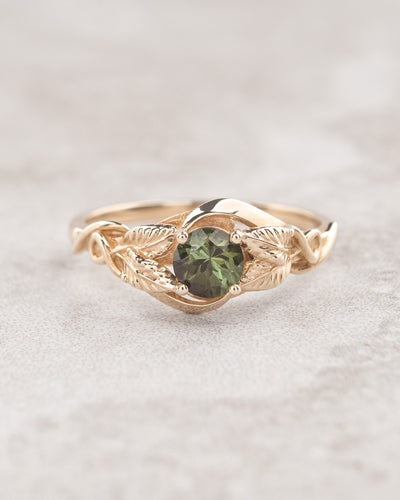 Forest green tourmaline engagement ring with golden leaves / Azalea - Eden Garden Jewelry™