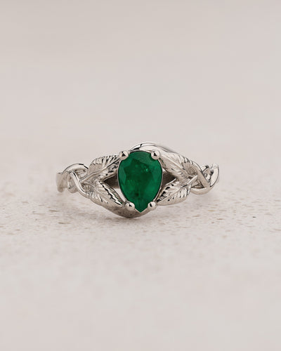 Engagement Ring with Pear-Cut Emerald and Leaf Motifs / Azalea - Eden Garden Jewelry™
