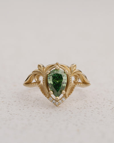 Art Nouveau Engagement Ring with Pear-Cut Green Diamond / Lida - Eden Garden Jewelry™