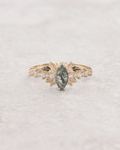 Marquise cut moss agate bridal ring set, nature inspired engagement ring / Verbena - Eden Garden Jewelry™