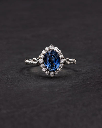 Natural and clear blue sapphire engagement ring with diamond halo / Florentina - Eden Garden Jewelry™