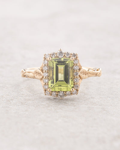 Vivid peridot bridal ring set with diamond halo, emerald cut gemstone ring / Florentina - Eden Garden Jewelry™