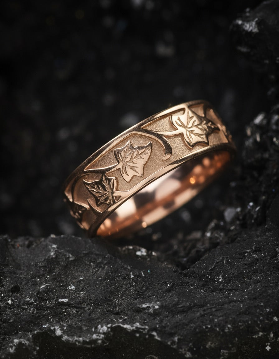 Gold Leaf Wedding Band for Man, Nature Wedding Rings 14K Gold