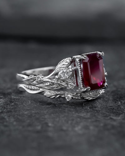 Bridal Set with Emerald-Cut (Natural) Ruby Flanked by Leaves / Patricia - Eden Garden Jewelry™