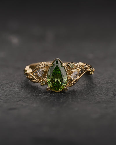 READY TO SHIP Patricia ring with green diamond and accent peridots & diamonds, 14K yellow gold, AVAILABLE RING SIZES: 5.5 - 8.5 US - Eden Garden Jewelry™