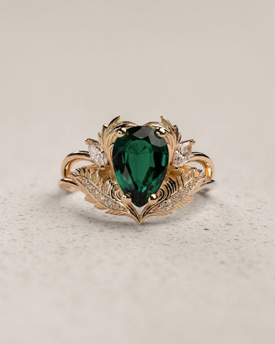 Bridal Set with Pear-Cut Emerald Engagement Ring and Curved Matching Band / Adonis - Eden Garden Jewelry™
