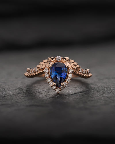 Genuine sapphire engagement ring, rose gold halo engagement ring / Lyonella - Eden Garden Jewelry™