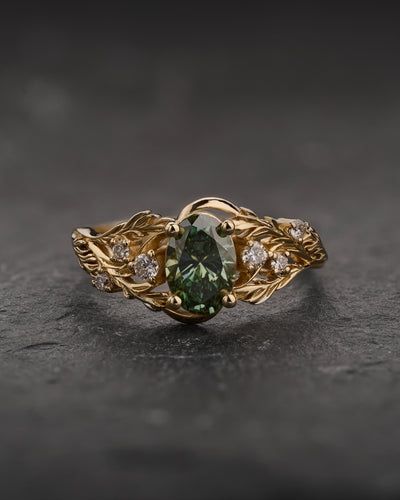 READY TO SHIP Japanese Maple ring with green lab-grown diamond, 14K yellow gold, AVAILABLE RING SIZES: 5.5 - 8.5 US - Eden Garden Jewelry™
