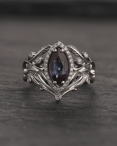 READY TO SHIP Callisto bridal ring set with marquise-cut 10x5 alexandrite, 14K white gold, AVAILABLE RING SIZES 5.5 - 8.5 US - Eden Garden Jewelry™
