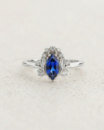 Lab blue sapphire engagement ring, iris flower gold ring with sapphire and diamonds / Iris - Eden Garden Jewelry™