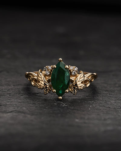 READY TO SHIP Vineyard ring with natural emerald in marquise cut, 14K yellow gold, AVAILABLE RING SIZES: 4.5 - 7.5 US - Eden Garden Jewelry™