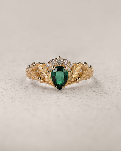 Oak Leaves Engagement Ring with Pear-Cut Emerald and Diamond Crown / Royal Oak - Eden Garden Jewelry™