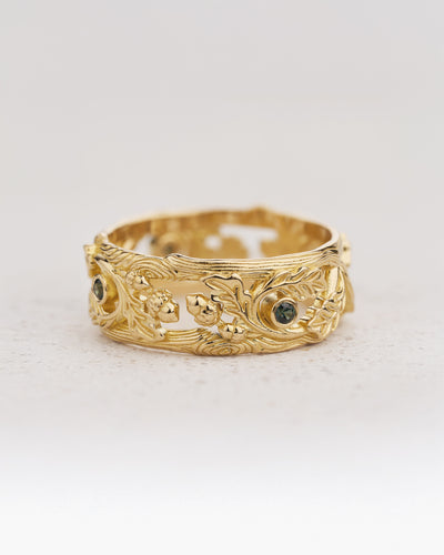 Natural Teal Sapphires Engagement Ring & Wedding Band with Leaves and Accorns / Japanese Maple - Eden Garden Jewelry™