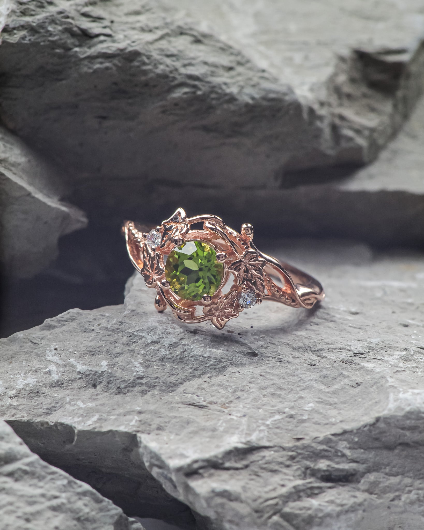 Peridot Engagement Ring Gold Leaf Motif Rings 14K 18K Gold