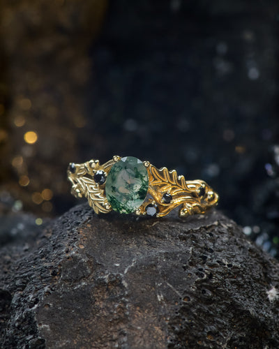 Moss agate engagement ring, gold oak leaves and black diamonds proposal ring / Silviya - Eden Garden Jewelry™