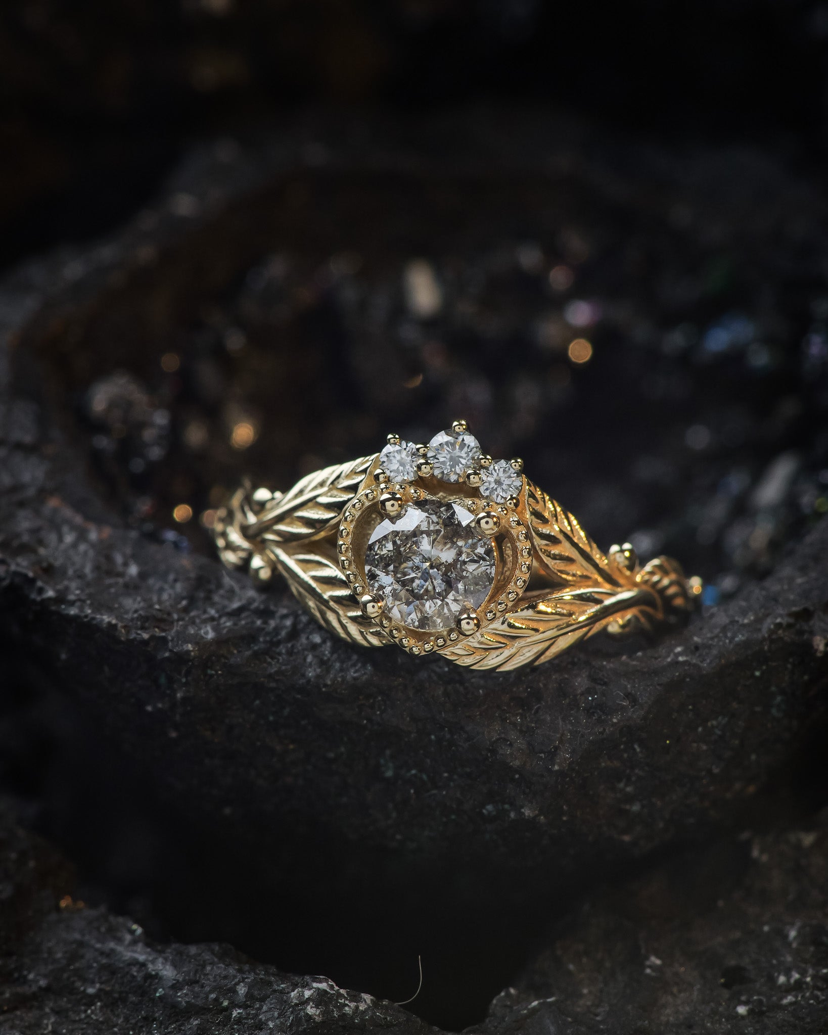 Salt and pepper engagement ring, alternative Claddagh, leaves ring