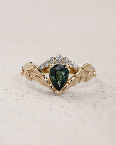 Pear-Cut Green (Natural) Sapphire Engagement Ring / Palmira Crown - Eden Garden Jewelry™