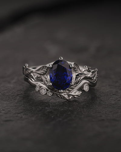 Bridal Set with Royal Blue Sapphire Engagement Ring and Matching Band with Diamonds / Freesia - Eden Garden Jewelry™
