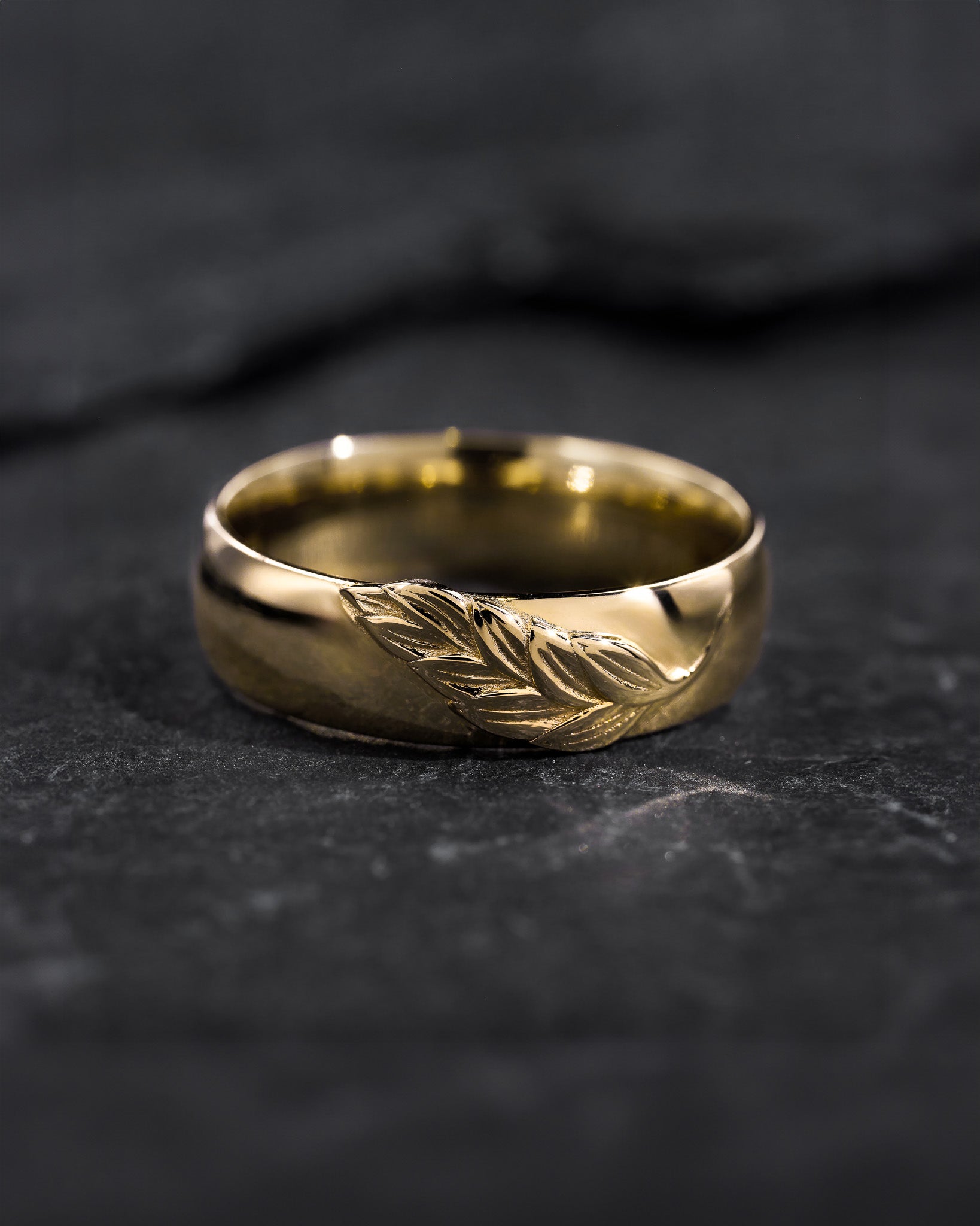 Nature Wedding Ring For Men, Gold Leaf Wedding Band, High Polish