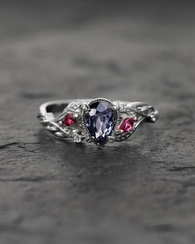 READY TO SHIP: Patricia ring in 14K white gold, central spinel, pear cut 7x5 mm, accent tourmalines and lab diamonds, AVAILABLE RING SIZES: 5.5 - 8.5 US - Eden Garden Jewelry™